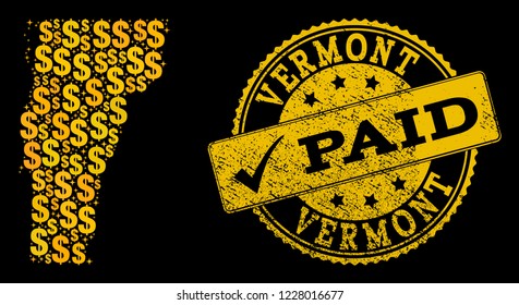 Golden composition of dollar mosaic map of Vermont State and paid scratched seal stamp. Vector seal with scratched rubber texture and PAID caption.
