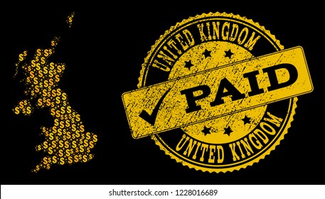 Golden composition of dollar mosaic map of United Kingdom and paid rubber seal stamp. Vector seal with grunge rubber texture and PAID message.