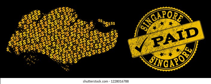 Golden composition of dollar mosaic map of Singapore and paid scratched seal stamp. Vector watermark with corroded rubber texture and PAID caption.
