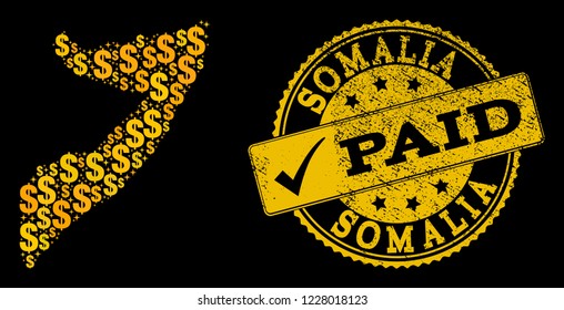 Golden composition of dollar mosaic map of Somalia and paid unclean seal. Vector seal with distress rubber texture and PAID message.