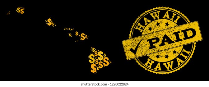 Golden composition of dollar mosaic map of Hawaii State and paid rubber seal stamp. Vector seal with scratched rubber texture and PAID text.