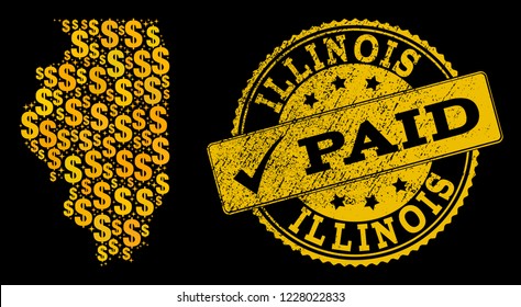 Golden composition of dollar mosaic map of Illinois State and paid corroded seal stamp. Vector seal with corroded rubber texture and PAID message.