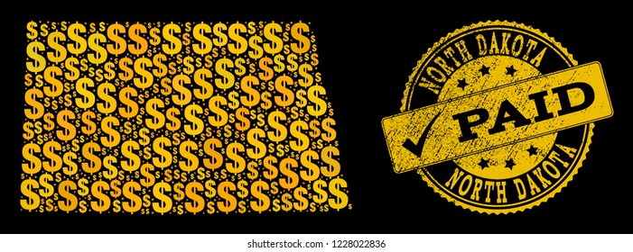 Golden composition of dollar mosaic map of North Dakota State and paid corroded seal. Vector seal with corroded rubber texture and PAID text.