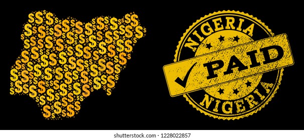 Golden composition of dollar mosaic map of Nigeria and paid rubber seal stamp. Vector seal with grunge rubber texture and PAID text.