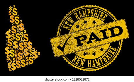 Golden composition of dollar mosaic map of New Hampshire State and paid unclean seal stamp. Vector seal with unclean rubber texture and PAID text.