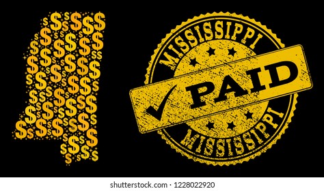 Golden composition of dollar mosaic map of Mississippi State and paid rubber seal stamp. Vector seal with grunge rubber texture and PAID caption.