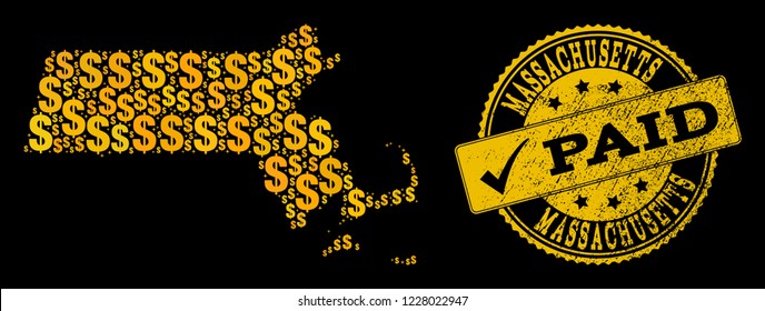 Golden composition of dollar mosaic map of Massachusetts State and paid corroded seal stamp. Vector imprint with corroded rubber texture and PAID caption.