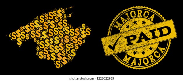 Golden composition of dollar mosaic map of Majorca and paid rubber seal. Vector seal with grunge rubber texture and PAID text. Mosaic map of Majorca designed with yellow dollars on a black background.