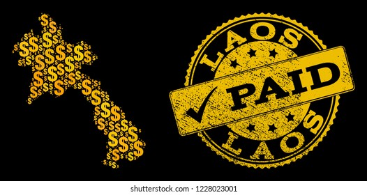 Golden composition of dollar mosaic map of Laos and paid scratched seal stamp. Vector seal with unclean rubber texture and PAID message.