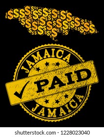 Golden composition of dollar mosaic map of Jamaica and paid corroded seal stamp. Vector watermark with corroded rubber texture and PAID caption.