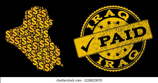 Golden composition of dollar mosaic map of Iraq and paid corroded seal. Vector seal with corroded rubber texture and PAID message.