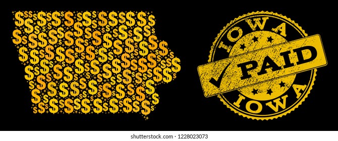 Golden composition of dollar mosaic map of Iowa State and paid rubber stamp. Vector watermark with distress rubber texture and PAID message.