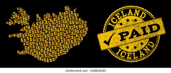 Golden composition of dollar mosaic map of Iceland and paid grunge stamp. Vector seal with grunge rubber texture and PAID text.
