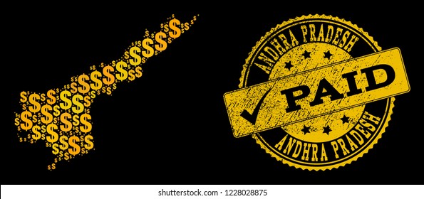 Golden composition of dollar mosaic map of Andhra Pradesh State and paid grunge seal stamp. Vector seal with grunge rubber texture and PAID caption.