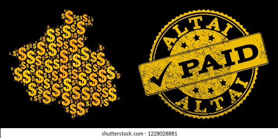 Golden composition of dollar mosaic map of Altai Republic and paid rubber seal stamp. Vector seal with distress rubber texture and PAID message.