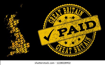 Golden composition of dollar mosaic map of Great Britain and paid rubber stamp. Vector watermark with unclean rubber texture and PAID message.