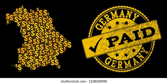 Golden composition of dollar mosaic map of Germany and paid scratched seal. Vector seal with unclean rubber texture and PAID text.