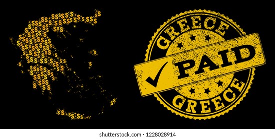 Golden composition of dollar mosaic map of Greece and paid rubber seal. Vector seal with grunge rubber texture and PAID text. Mosaic map of Greece designed with golden dollars on a black background.