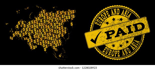 Golden composition of dollar mosaic map of Europe and Asia and paid scratched seal stamp. Vector seal with scratched rubber texture and PAID caption.