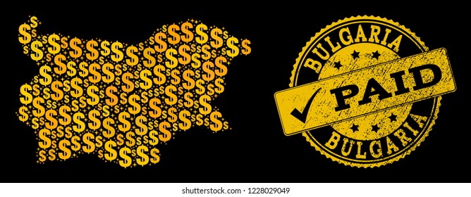 Golden composition of dollar mosaic map of Bulgaria and paid scratched seal stamp. Vector seal with distress rubber texture and PAID caption.
