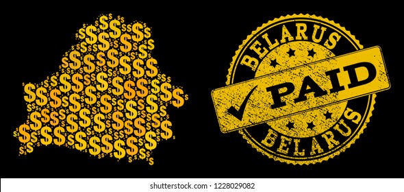 Golden composition of dollar mosaic map of Belarus and paid rubber seal stamp. Vector imprint with corroded rubber texture and PAID caption.