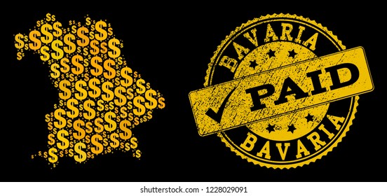 Golden composition of dollar mosaic map of Bavaria State and paid scratched seal. Vector seal with grunge rubber texture and PAID caption.