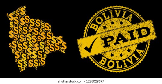 Golden composition of dollar mosaic map of Bolivia and paid rubber stamp. Vector watermark with unclean rubber texture and PAID caption.