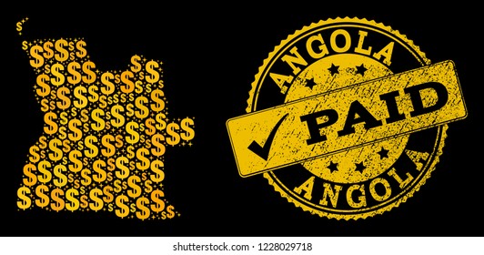 Golden composition of dollar mosaic map of Angola and paid textured seal stamp. Vector seal with corroded rubber texture and PAID text.