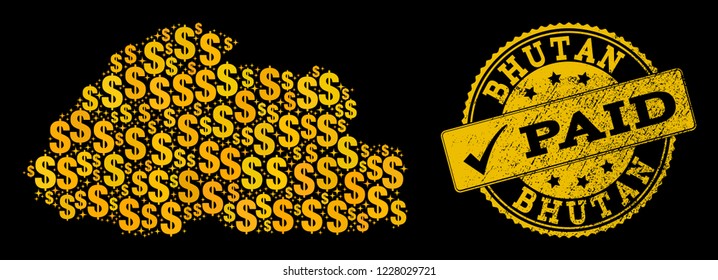Golden composition of dollar mosaic map of Bhutan and paid rubber seal. Vector seal with unclean rubber texture and PAID text.