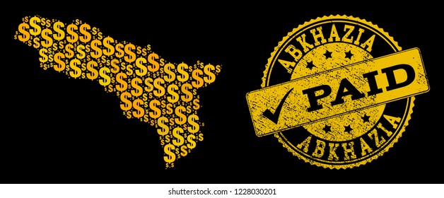 Golden composition of dollar mosaic map of Abkhazia and paid corroded seal. Vector seal with corroded rubber texture and PAID message.