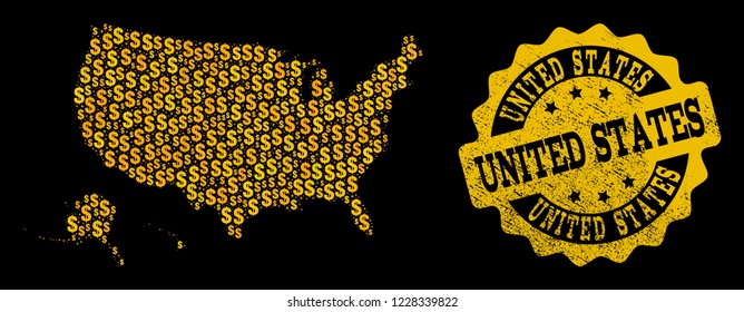 Golden composition of dollar mosaic map of USA territories and rubber seal stamp. Vector watermark with scratched rubber texture.