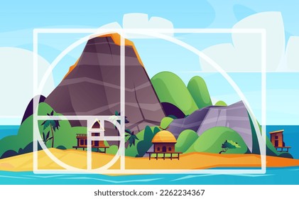 Golden composition rule. Geometry harmony proportions composed on tropical landscape, spiral ratio of thirds and fibonacci sequence. Vector illustration. Island with sand beach and ocean