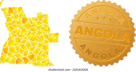Golden composition of yellow for Angola map, and golden metallic Angola seal imitation. Angola map composition is designed from randomized golden elements.