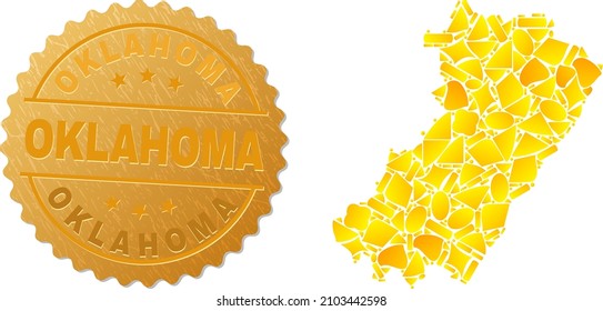 Golden composition of yellow elements for Castellon Province map, and gold metallic Oklahoma seal imitation. Castellon Province map composition is done with random golden elements.