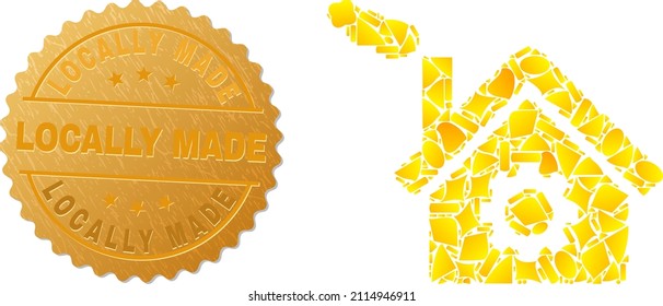 Golden composition of yellow elements for dirty factory icon, and golden metallic Locally Made seal print. Dirty factory icon composition is formed of scattered golden elements.