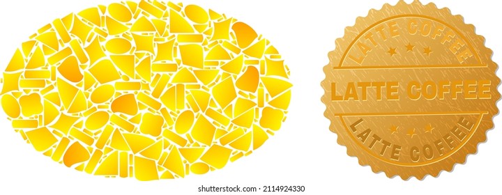 Goldene Zusammensetzung der gelben Elemente für das Ellipssymbol und goldene metallische Latte-Kaffeestempel. Die Ellipse-Symbolcollage wird aus verstreuten goldenen Elementen erstellt.