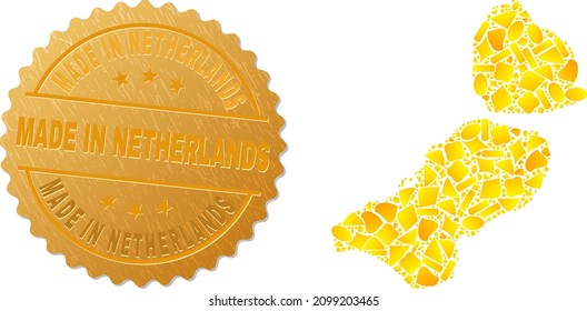 Golden composition of yellow elements for Flevoland Province map, and golden metallic Made in Netherlands stamp seal. Flevoland Province map composition is organized of scattered golden parts.