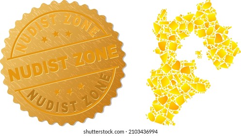 Golden composition of yellow elements for Hebei Province map, and gold metallic Nudist Zone stamp. Hebei Province map composition is organized of randomized gold elements.