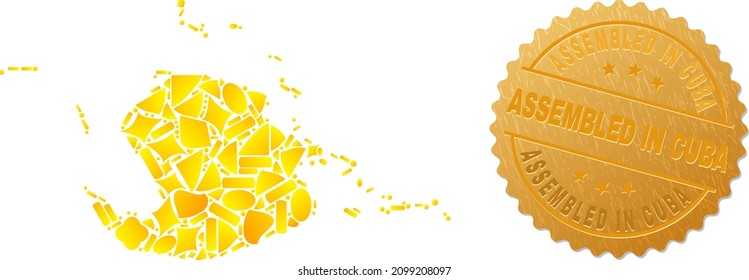 Golden composition of yellow elements for Juventud Island map, and golden metallic Assembled in Cuba stamp. Juventud Island map composition is formed of scattered golden elements.