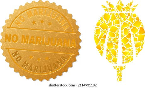 Golden composition of yellow elements for poppy head icon, and golden metallic No Marijuana seal. Poppy head icon composition is organized from randomized golden spots.