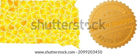 Golden composition of yellow elements for South Dakota State map, and golden metallic South Dakota seal imitation. South Dakota State map collage is constructed with scattered golden.