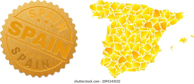 Golden composition of yellow elements for Spain map, and gold metallic Spain seal print. Spain map composition is composed of randomized golden particles.