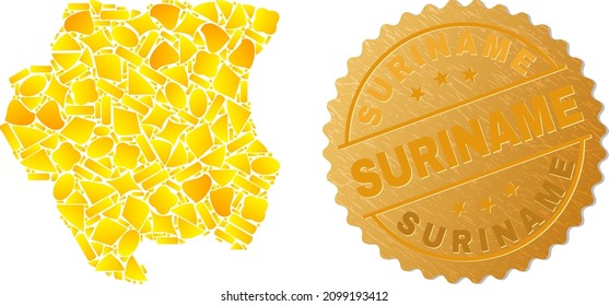 Golden composition of yellow elements for Suriname map, and gold metallic Suriname badge. Suriname map composition is designed of random gold elements.