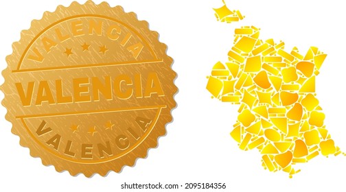 Golden composition of yellow elements for Valencia Province map, and golden metallic Valencia seal. Valencia Province map composition is made of randomized golden spots.