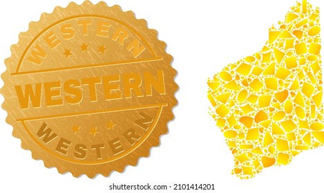 Golden composition of yellow elements for Western Australia map, and gold metallic Western seal print. Western Australia map composition is organized of randomized gold spots.