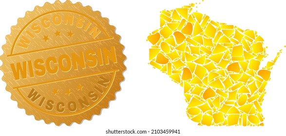 Golden composition of yellow elements for Wisconsin State map, and golden metallic Wisconsin seal print. Wisconsin State map mosaic is formed from randomized golden elements.