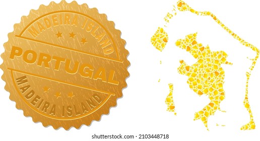 Golden composition of yellow fractions for Bora-Bora map, and golden metallic Madeira Island Portugal watermark. Bora-Bora map composition is composed of random gold particles.