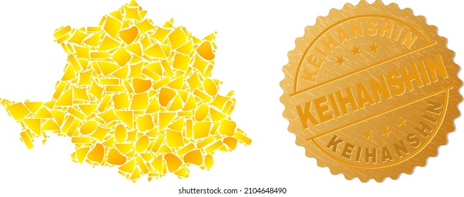 Golden composition of yellow fractions for Caceres Province map, and golden metallic Keihanshin stamp. Caceres Province map composition is made with scattered golden.