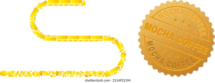 Golden composition of yellow fractions for cord icon, and gold metallic Mocha Coffee seal print. Cord icon composition is formed from randomized gold elements.