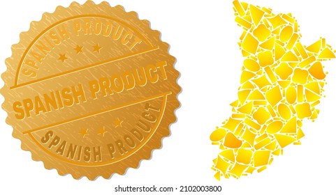 Golden composition of yellow fractions for Lleida Province map, and golden metallic Spanish Product seal imitation. Lleida Province map composition is formed from scattered golden spots.